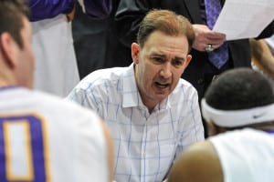Will Brown discusses plays with his Great Danes during a timeout. Photos from the University at Albany