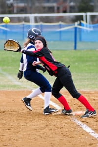 Danielle Balsamo reached for the ball but not in time to make the out. Photo by Bill Landon