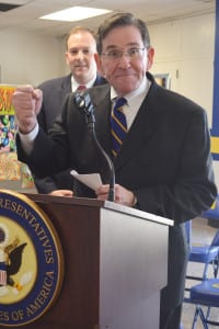 Comsewogue Superintendent Joe Rella speaks against standardized testing during an event with Congressman Lee Zeldin on Sunday, April 12. Photo by Victoria Espinoza
