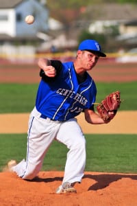 Centereach’s Austin Turner fires from the mound. Photo by Bill Landon