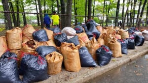 Washington Avenue park is buried behind trash bags after community members worked on May 16 to clean it up. Photo from Dina Simoes