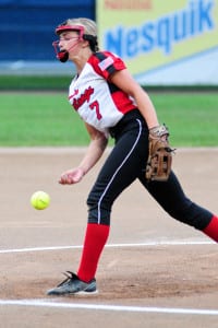 Mount Sinai senior pitcher Cassandra Wilson tosses a pitch in the Mustangs’ 11-4 loss to Clarke in the Long Island Class A championship on June 5. Photo by Bill Landon