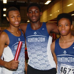 Kryee Johnson, Infinite Tucker and Exzayvian Crowell are members of the Huntington 4x400-meter relay team. File photo by Darin Reed