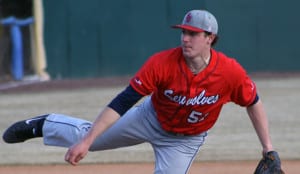 Ryley MacEachern pitches in a game earlier this season. Photo from SBU