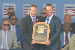 Craig Biggio, right, is all smiles with MLB Hall of Fame President Jeff Idelson as he receives his induction plaque. Photo by Clayton Collier