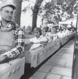 Children ride the miniature train at Lollipop Farm in 1952. Photo by Kathryn Abbe, courtesy of SPLIA