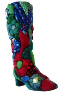 The Patchwork Boot, 1967, cotton, silk, velvet and Lurex boot quilted by Adirondack artisans from the collection of Ron and Nancy Bush. Image from the LIM