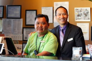Gary smiles for the camera with Wasabi Steakhouse owner Kenny Ching. Photo by Giselle Barkley