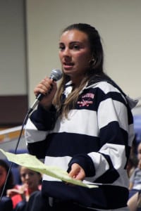 Miller Place student Sabrina Luisa speaks during the Sept. 30 board of education meeting about her feelings on the board canceling this year's pep rally. Photo by Victoria Espinoza