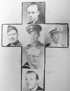 The Setauket High School senior class dedicated the 1946 yearbook to the eight Setauket men who died in World War II. They are, from top to bottom and left to right, Cpl. Douglas Hunter, Sgt. Francis Hawkins, Cpl. William Weston, Lt. Anthony Matusky, Fireman First Class Clifford Darling, and Machinist Mate Orlando Lyons. Henry Eichacker and Edward Pfeiffer are not pictured. Photo from Beverly Tyler