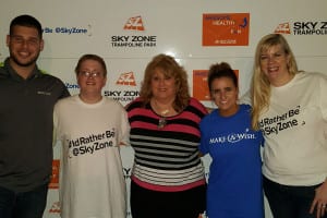 Anthony Grassa, General Manager of Sky Zone; Kevin Farrara; Jean Farrara; Kellie Ryan, community relations manager for Make-A-Wish’s Suffolk County chapter; and Nicole Tumilowicz, communications liaison for Sky Zone, pose for a photo. Photo from Nicole Tumilowicz 