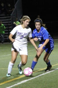 Port Jefferson's Brittany Fazin maintains possession in the Royals' 3-0 win over Haldane for the Southeast Regional title on Nov. 7. Photo by Desirée Keegan