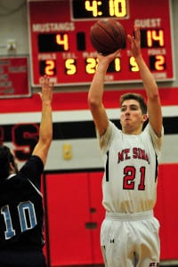 Mount Sinai senior Nolan Kelly attempts a jumper in a Dec. 18 nonleague loss to Rocky Point, 46-41. Photo by Bill Landon