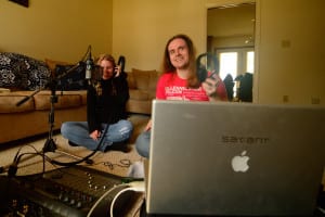 Above, actress Amy Ciupek, left, and Andy Schroeder finalize audio for the film Distiller. Photo from Andy Schroeder