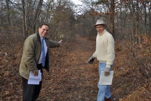 Councilman Steve Fiore-Rosenfeld and Cumsewogue Historical Society President Jack Smith on a recent trip to the Gentlemen’s Driving Park in Terryville. Photo by Elana Glowatz