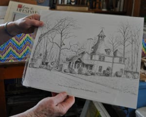 Louise Brett does drawings of the area in the past, including this one of a horse walking through the Belle Terre gate. Photo by Elana Glowatz 