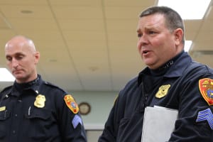 Sgt. Keith Olsen, on right, speaks at the North Shore Drug Awareness Advocates’ meeting. Photo by Giselle Barkley