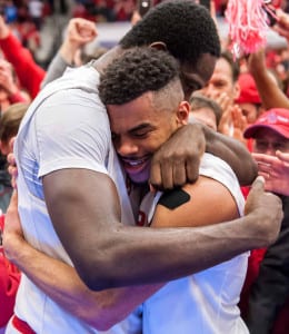 Jameel Warney and Carson Puriefoy embrace one another after topping Vermont for the America East Championship title and automatic bid to the NCAA tournament. Photo by Robert O'Rourk