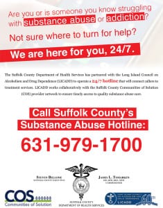 A flyer advertises a new substance abuse hotline. Image from the Suffolk County health department 