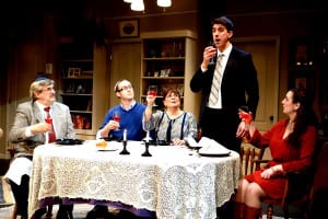 From left, Bob Kaplan, Scott Joseph Butler, Ginger Dalton, Brett Chizever and Jenna Kavaler in a scene from ‘Beau Jest.’ Photo by Peter Lanscombe, Theatre Three Productions Inc.