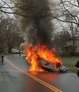 The Hyundai Elantra engulfed in fire. Photo by Steve Silverman and Matt Schwier