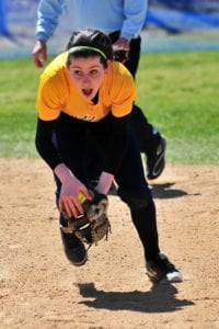 Shoreham first baseman Shelby Curtin catches the ball. Photo by Bill Landon
