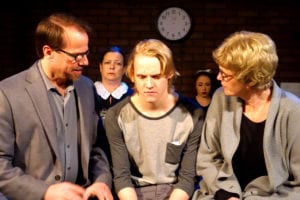 From left, Steve Ayle, Joan St. Onge, Hans Paul Hendrickson, Amanda Geraci and Linda May star in a scene from ‘OK Computer.’ Photo by Peter Lanscombe, Theatre Three Productions Inc.
