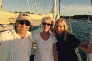 Tom D’Antonio, his wife Cheryl and Jane Bonner sail on the open seas, which is where Bonner first told D’Antonio she’d like to donate her kidney. Photo from Bonner