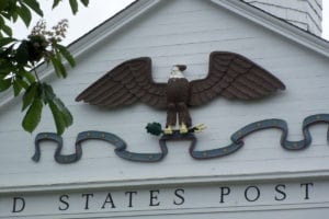 The mechanical eagle on the Stony Brook Post Office still flaps its wings every hour on the hour from 8 a.m. to 8 p.m. Photo by Ellen Barcel