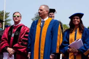 The university granted honorary degrees to Eric Holder and Soledad O’Brien (pictured with SBU President Samuel L. Stanley Jr.). Photo by Greg Catalano