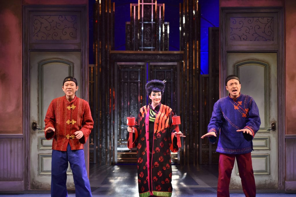 Anthony Chan (as Ching Ho), Michele Ragusa (as Mrs. Meers) and Carl Hsu (as Bun Foo) sing “Muqin” in a scene from ‘Thoroughly Modern Millie.’ Photo by Michael DeCristofaro