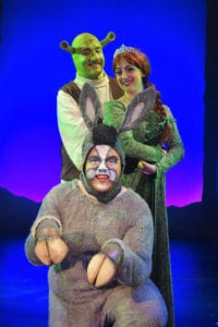 Danny Stalter as Shrek, Jenna Kavaler as Princess Fiona and Bobby Montaniz as Donkey star in ‘Shrek The Musical’ at Theatre Three. Photo by Brian Hoerger, Theatre Three Productions Inc.