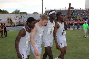 The Huntington 4x400-meter relay team walks off the track national champions. Photo from Huntington athletics