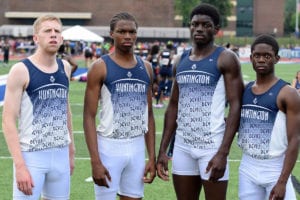 Huntington’s 4x400-meter Shane McGuire, Kyree Johnson, Infinite Tucker and Lawrence Leake broke the Suffolk County and state record in the event to win gold. Photo from Huntington athletics