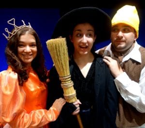 From left, Princess Pumpkin (Melanie Acampora) Ermengarde Broomwellsweepalot the Witch (Emily Gates) and Norman the Nervous Gnome (Steve Uihlein) star in ‘Pumpkin Patch Magic. Photo by Peter Lanscombe, Theater Three Productions, Inc.