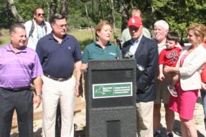 Carrie Meek Gallagher, New York State's Department of Environmental Conservation's Regional Director, speaking during the grand opening of the new trail hub in the Rocky Point Pine Barrens. Photo from DEC