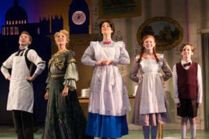 From left, Danny Meglio (Robertson Ay), Liz Pearce (Winifred Banks), Analisa Leaming (Mary Poppins), Katherine LaFountain (Jane Banks) and Christopher McKenna (Michael Banks). Photo by Keith Kowalsky