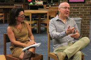 Joann Kaplan and Bob Freier of District Wise Search Consultants led a community forum at Shoreham-Wading River High School to gauge the public’s opinion on what kind of characteristics and credentials they seek in the district’s next superintendent. Photo by Kevin Redding