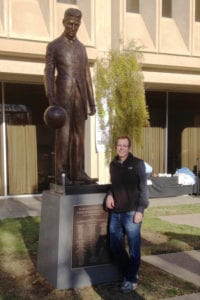 Northern Imagination founder Dorrian Porter stands with the Nikola Tesla statue he crowdfunded to build, at its permanent place in Silicon Valley, California. Photo by Terry Guyer