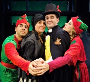 From left,  Dylan Robert Poulos, Dana Bush, Steven Uihlein and Jessica Contino in a scene from ‘Barnaby Saves Christmas’. Photo by Peter Lanscombe, Theatre Three Productions, Inc.