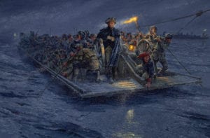 Above, ‘Washington’s Crossing: McKonkey’s Ferry, Dec. 26, 1776,’ 2011; oil on canvas, 33 × 50 in., from the collection of Mr. and Mrs. Thomas Suozzi. Image courtesy of The Heckscher Museum