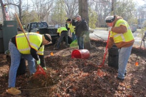 PSEG volunteers rake leaves at the Tesla Science Center at Wardenclyffe in Shoreham Dec. 10. Photo by Kevin Redding