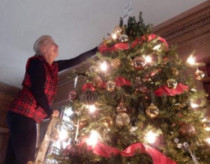 Kathleen Kane of the Dix Hills Garden Club places an ornament high on the large tree in the Vanderbilt Library. Photo from Vanderbilt Museum